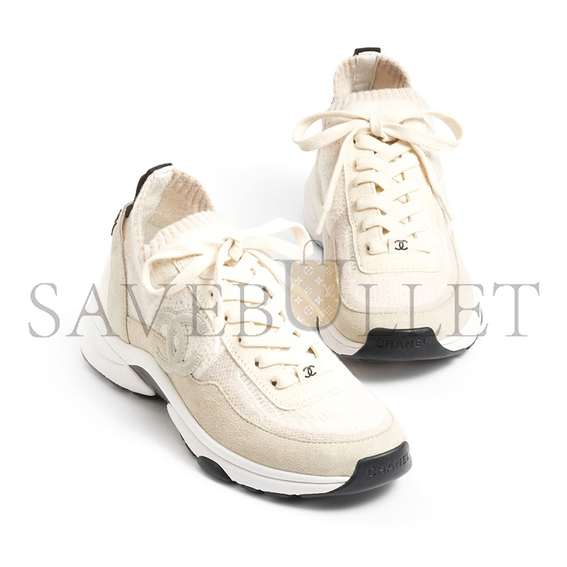 CHANEL WHITE KNIT FABRIC AND SUEDE CC LACE UP SNEAKERS G38750